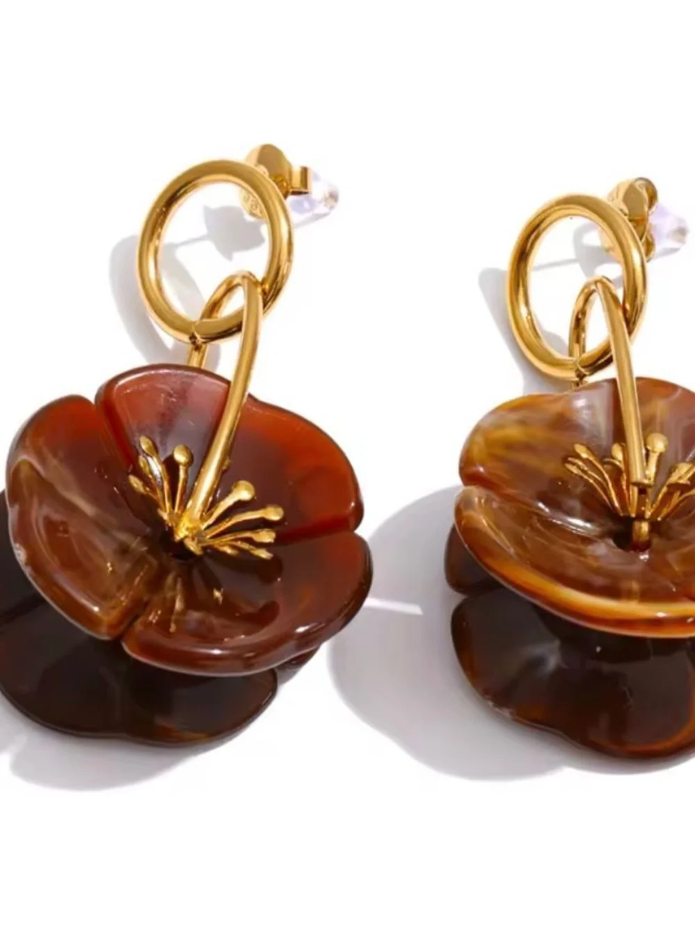 Amber Flower Drop Earrings with Gold Accents